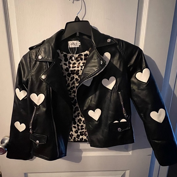 Lola + The Boys Black Faux Leather Jacket with White Hearts. Size 14. EUC - Picture 1 of 4